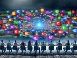 Marketing-Manager:innen vor einem großen, unübersichtlichen Multichannel-Dashboard, mit verwehten Datenströmen aus Online-Logo-Symbolen und dichtem Nebel, der ein leuchtendes Eurozeichen verdeckt.