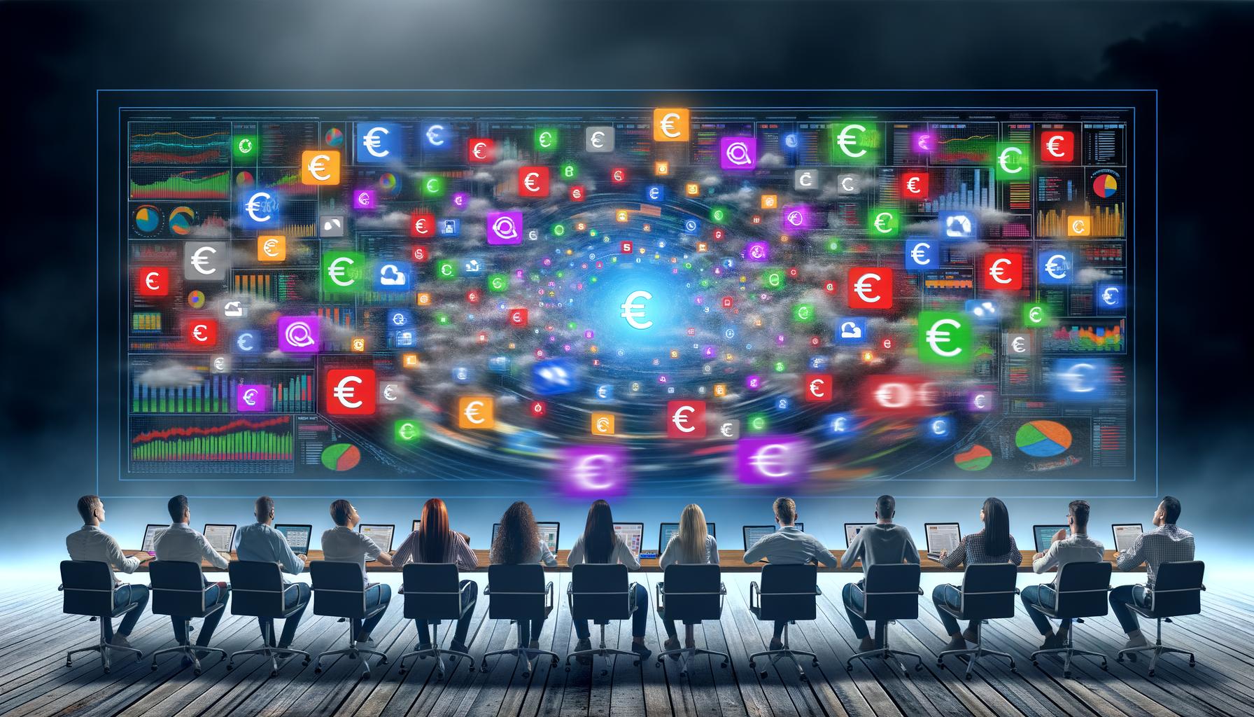 Marketing-Manager:innen vor einem großen, unübersichtlichen Multichannel-Dashboard, mit verwehten Datenströmen aus Online-Logo-Symbolen und dichtem Nebel, der ein leuchtendes Eurozeichen verdeckt.