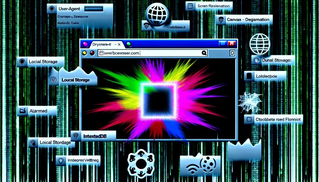 Moderne Grafik mit geöffneter Webseite, Browser-ID in Form eines Hash-Strings und hervorgehobenen Fingerprinting-Daten wie Local Storage, IndexedDB, Canvas- und Audio-Wellen vor technisch-kühlem Matrix-Hintergrund.