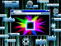 Moderne Grafik mit geöffneter Webseite, Browser-ID in Form eines Hash-Strings und hervorgehobenen Fingerprinting-Daten wie Local Storage, IndexedDB, Canvas- und Audio-Wellen vor technisch-kühlem Matrix-Hintergrund.