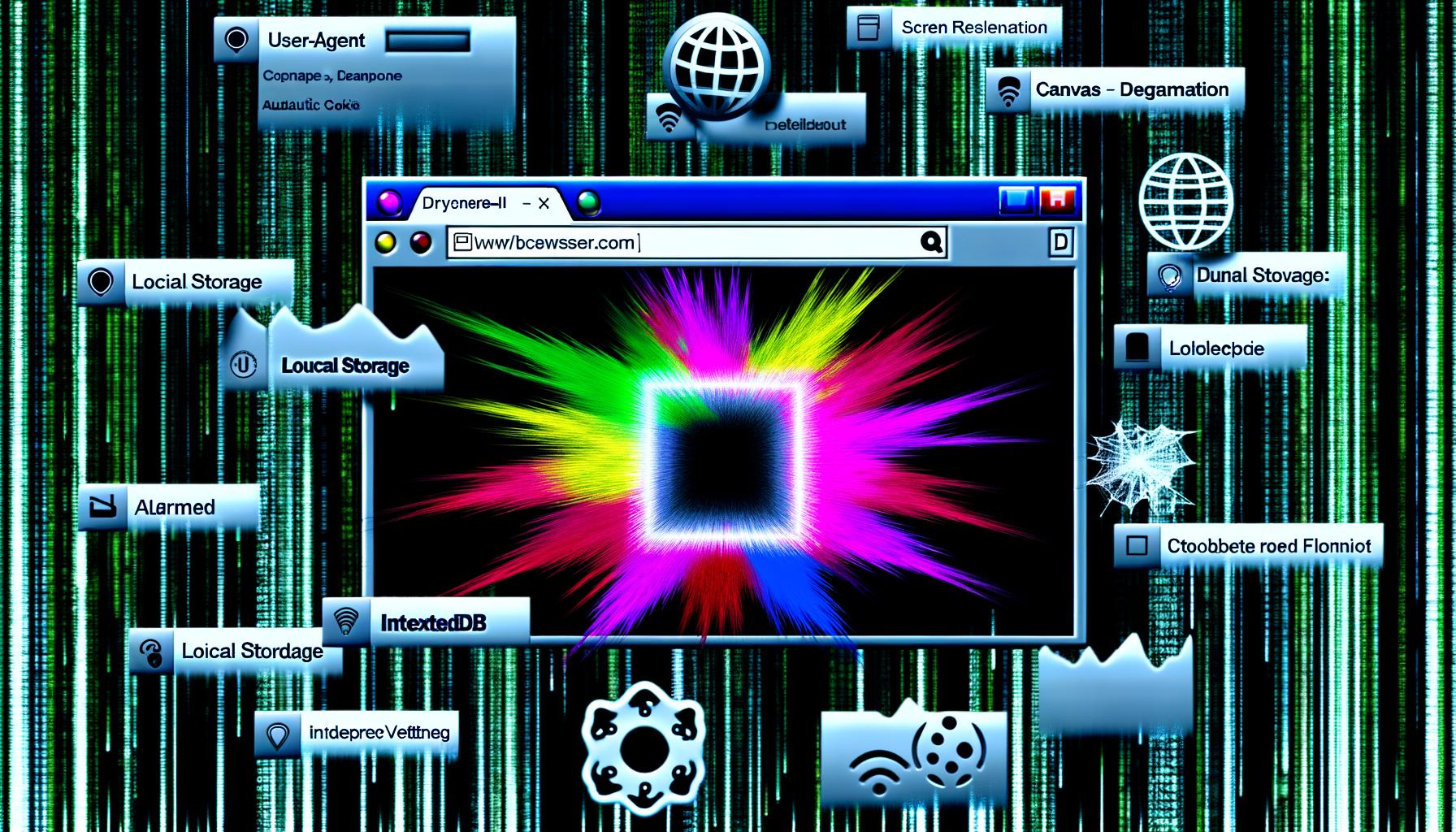 Moderne Grafik mit geöffneter Webseite, Browser-ID in Form eines Hash-Strings und hervorgehobenen Fingerprinting-Daten wie Local Storage, IndexedDB, Canvas- und Audio-Wellen vor technisch-kühlem Matrix-Hintergrund.
