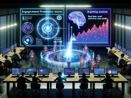 Futuristisches Marketing-Team im Kontrollraum mit holografischen Dashboards, KI-Analysen, Engagement-Scores und ausblendenden alten Werkzeugen wie Flipcharts und Excel-Sheets.