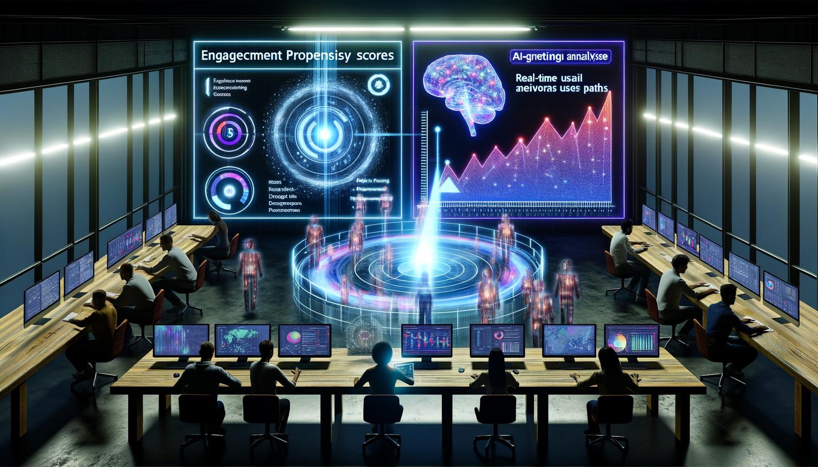 Futuristisches Marketing-Team im Kontrollraum mit holografischen Dashboards, KI-Analysen, Engagement-Scores und ausblendenden alten Werkzeugen wie Flipcharts und Excel-Sheets.