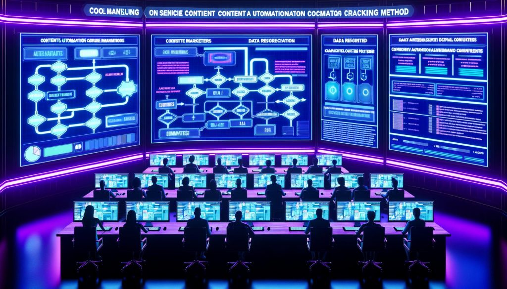 Futuristisch gestalteter Kontrollraum mit Marketers und Data Engineers, die an großen Dashboards mit Datenströmen, KI-Inhalten und verbundenen Workflows arbeiten.