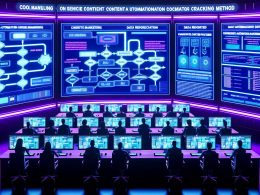 Futuristisch gestalteter Kontrollraum mit Marketers und Data Engineers, die an großen Dashboards mit Datenströmen, KI-Inhalten und verbundenen Workflows arbeiten.