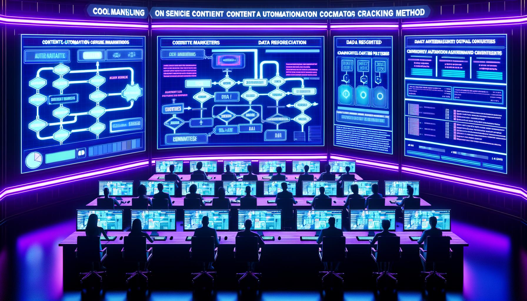 Futuristisch gestalteter Kontrollraum mit Marketers und Data Engineers, die an großen Dashboards mit Datenströmen, KI-Inhalten und verbundenen Workflows arbeiten.