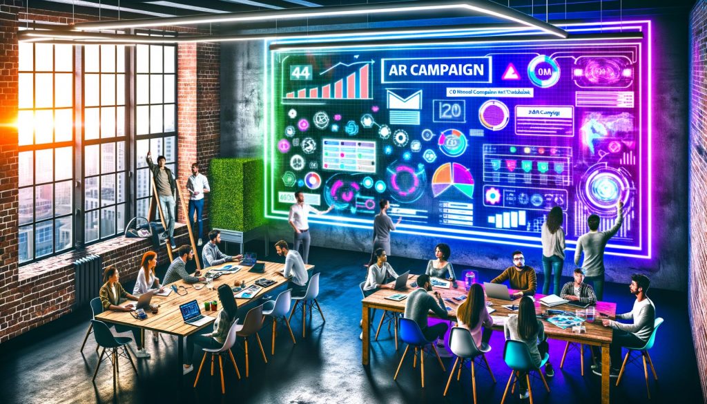 Marketer und Entwickler besprechen im High-Tech-Loft an einem Whiteboard eine bunte AR-Kampagnen-Checkliste, umgeben von digitalen Hologrammen und innovativer Technik.