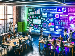 Marketer und Entwickler besprechen im High-Tech-Loft an einem Whiteboard eine bunte AR-Kampagnen-Checkliste, umgeben von digitalen Hologrammen und innovativer Technik.