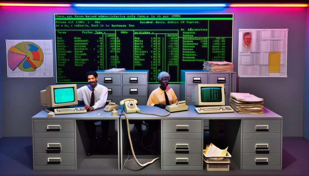 Szene in einem deutschen Behördenbüro von 1995 mit alten Computern, Papierstapeln, Faxgerät, Drehwählscheibentelefon und unsicher wirkenden Mitarbeitern am Schreibtisch.