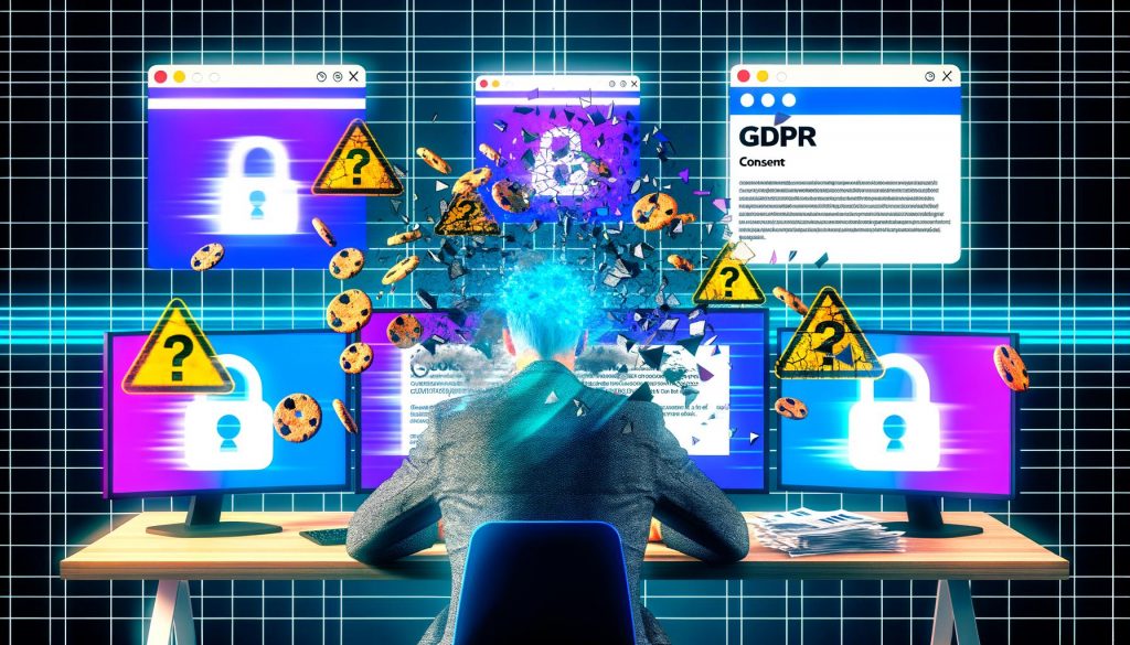 Erschöpfter Marketer vor Monitoren mit Datenschutz-Warnungen, zersprungenen Cookies und Fehlermeldungen, umgeben von DSGVO-Paragraphen und blockierten Browser-Fenstern