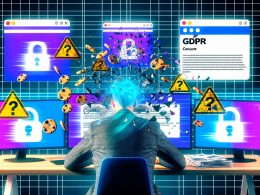 Erschöpfter Marketer vor Monitoren mit Datenschutz-Warnungen, zersprungenen Cookies und Fehlermeldungen, umgeben von DSGVO-Paragraphen und blockierten Browser-Fenstern