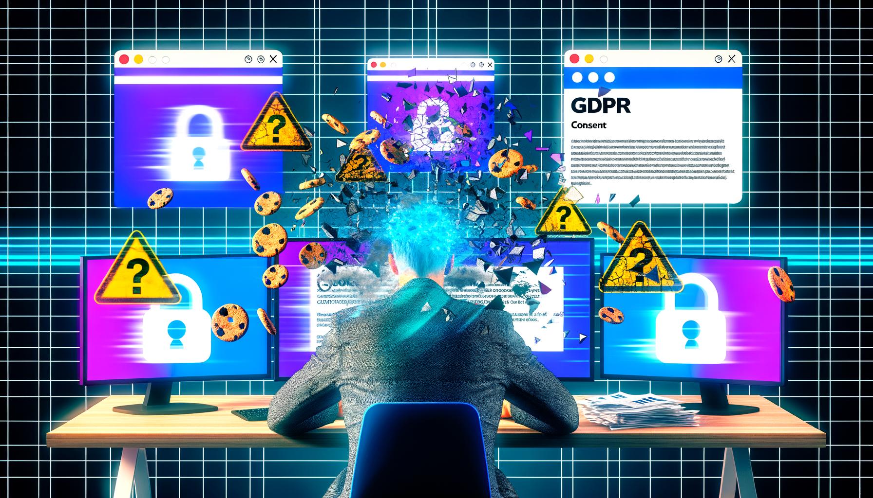 Erschöpfter Marketer vor Monitoren mit Datenschutz-Warnungen, zersprungenen Cookies und Fehlermeldungen, umgeben von DSGVO-Paragraphen und blockierten Browser-Fenstern