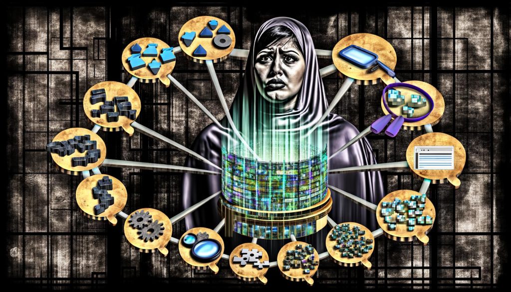 Illustration eines erschöpften Marketers umgeben von alten Tracking-Tools vor einem leuchtenden Attribution Stack mit digitalen Analyse- und Reporting-Elementen im Hintergrund.
