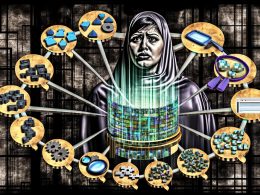 Illustration eines erschöpften Marketers umgeben von alten Tracking-Tools vor einem leuchtenden Attribution Stack mit digitalen Analyse- und Reporting-Elementen im Hintergrund.