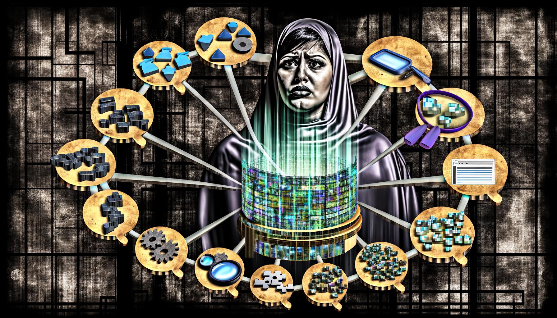 Illustration eines erschöpften Marketers umgeben von alten Tracking-Tools vor einem leuchtenden Attribution Stack mit digitalen Analyse- und Reporting-Elementen im Hintergrund.