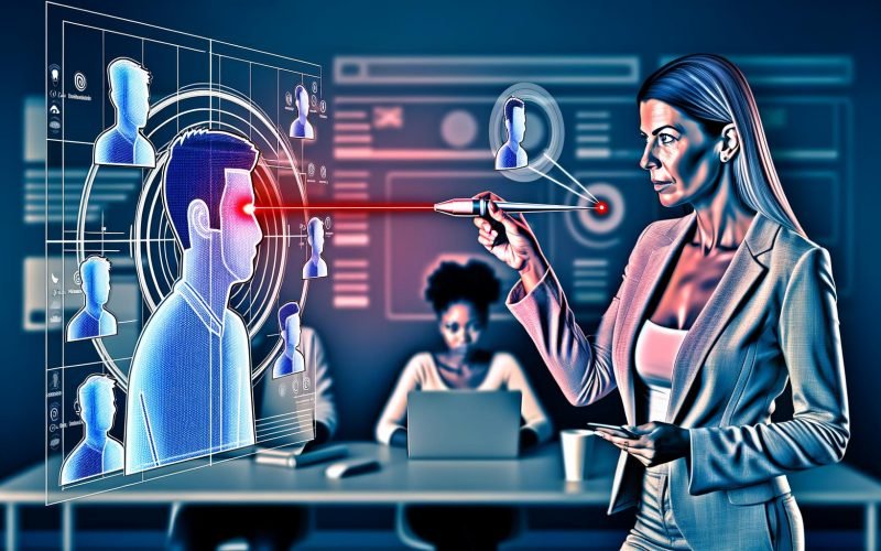 Digitaler Marketer in modernem Büro fokussiert mit Laserpointer ausgewählte Online-Shopper, während uninteressierte Nutzer im Hintergrund verschwimmen.