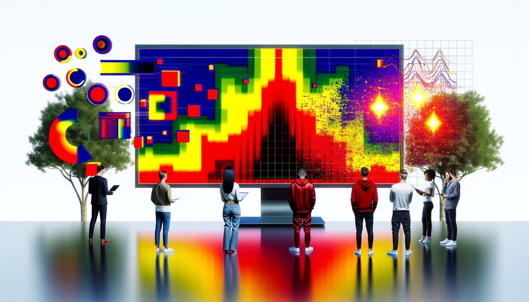 Digitale Illustration eines großen Computerbildschirms mit farbenfroher Attention-Heatmap, umgeben von UX-Designern und Marketern in moderner Kleidung, abstrahierten Icons und Hinweisen auf Deep Learning.