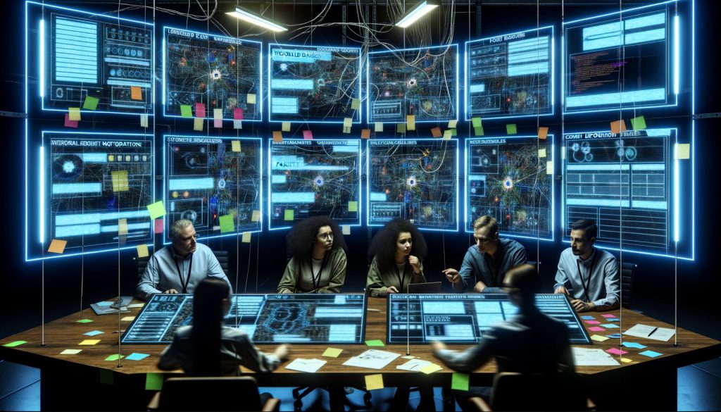 Technikexperten analysieren Fehler in einer modernen War Room-Umgebung mit zahlreichen Bildschirmen, Dashboards und Kabeln bei der Inhaltsautomation.