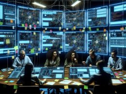 Technikexperten analysieren Fehler in einer modernen War Room-Umgebung mit zahlreichen Bildschirmen, Dashboards und Kabeln bei der Inhaltsautomation.