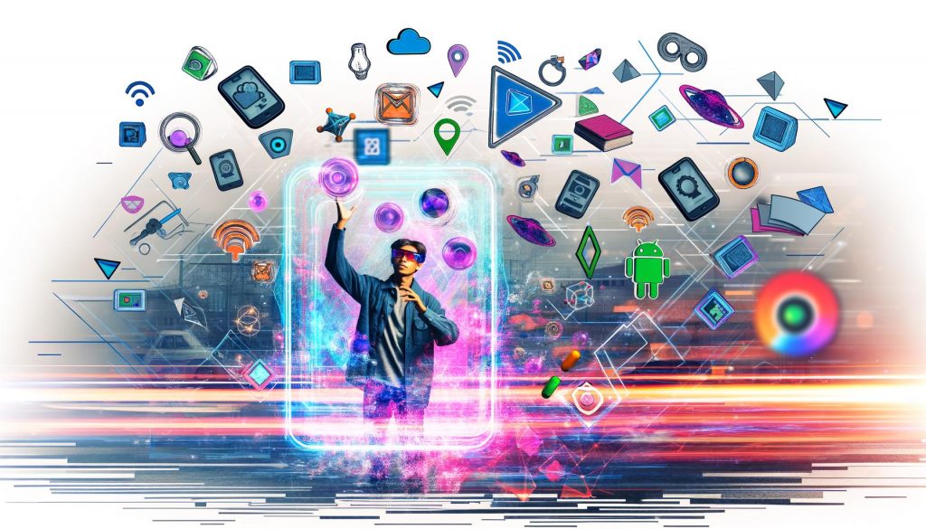 Junge Frau steuert ein AR-Interface, umgeben von digitalen 3D-Objekten, Icons und Datenströmen, vor urbaner Kulisse mit sozialen Medien und Neonakzenten.