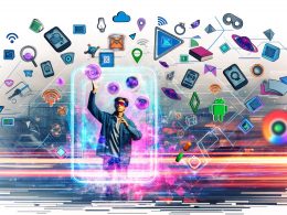 Junge Frau steuert ein AR-Interface, umgeben von digitalen 3D-Objekten, Icons und Datenströmen, vor urbaner Kulisse mit sozialen Medien und Neonakzenten.