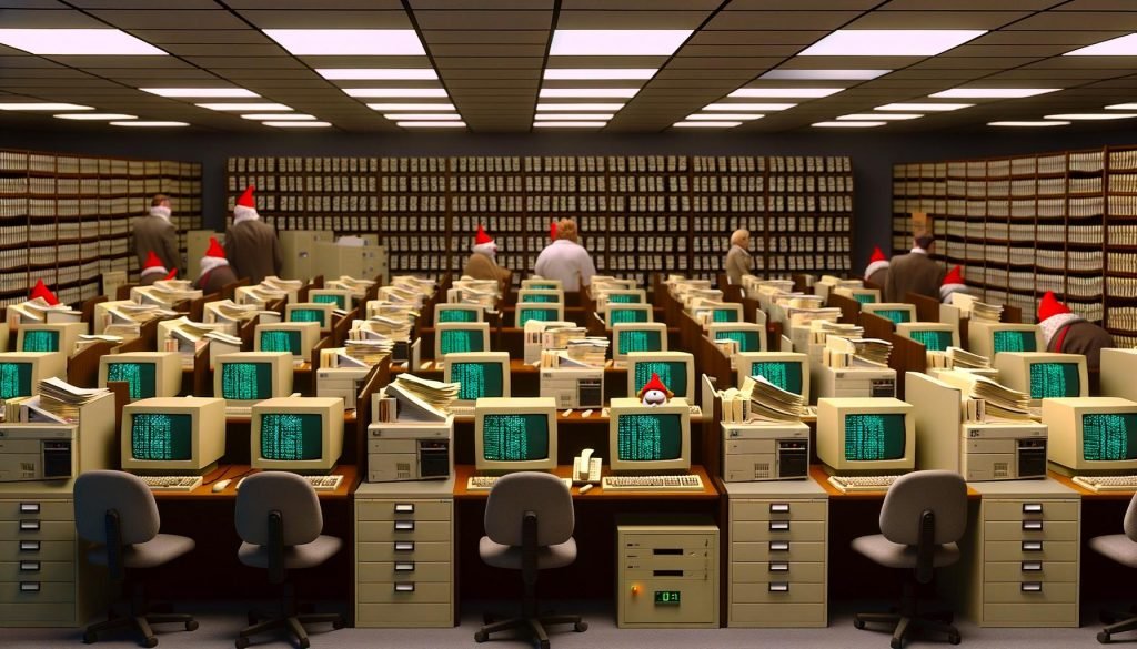 Büro einer deutschen Behörde mit alten Computern, Zivilangestellten in 90er-Outfits, Papierstapeln und einem versteckten Weihnachtswichtel zwischen Server-Regalen.
