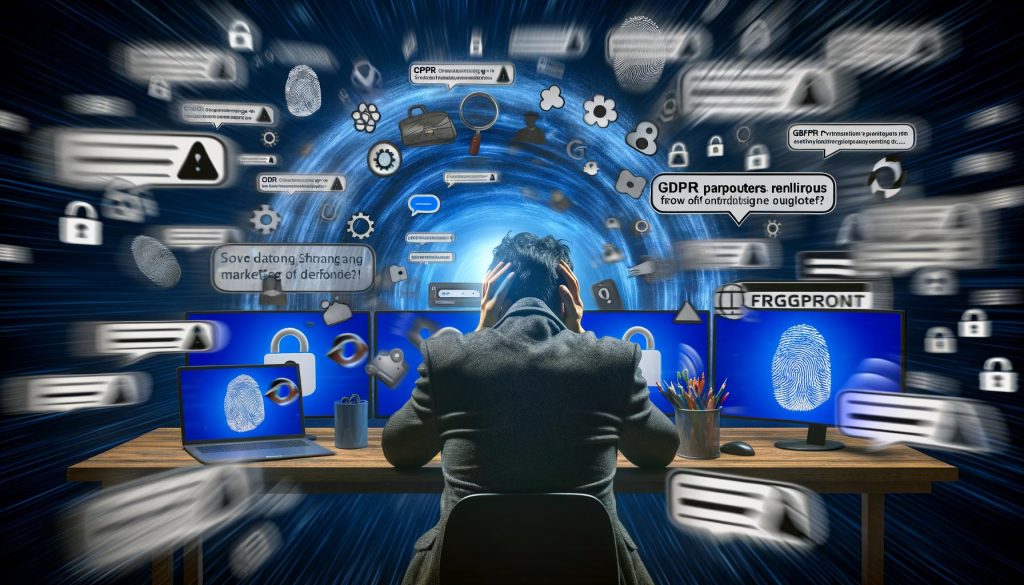 Gestresster Marketing-Profi vor Monitoren mit wirbelnden Datenströmen, ID-Nummern, Browser-Logos und DSGVO-Hinweisen im Hintergrund.