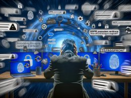 Gestresster Marketing-Profi vor Monitoren mit wirbelnden Datenströmen, ID-Nummern, Browser-Logos und DSGVO-Hinweisen im Hintergrund.