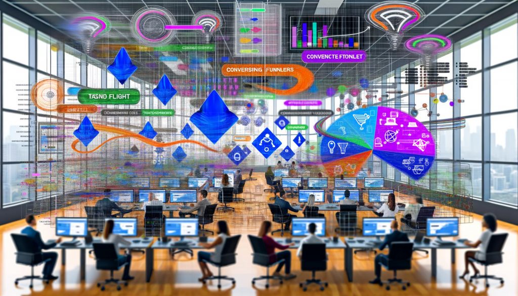 Marketer und Datenanalysten diskutieren in einem modernen Großraumbüro mit bunten Dashboards, Datenströmen und Consent-Popups vor digital verschmelzenden Logos von Google Analytics, Facebook und Tag-Management-Tools.