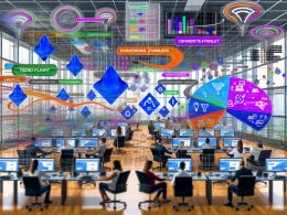 Marketer und Datenanalysten diskutieren in einem modernen Großraumbüro mit bunten Dashboards, Datenströmen und Consent-Popups vor digital verschmelzenden Logos von Google Analytics, Facebook und Tag-Management-Tools.