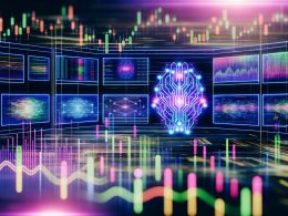 Futuristischer Trading-Desk mit mehreren Monitoren, Charts, holografischen KI-Visualisierungen und leuchtender Gehirn-Grafik.