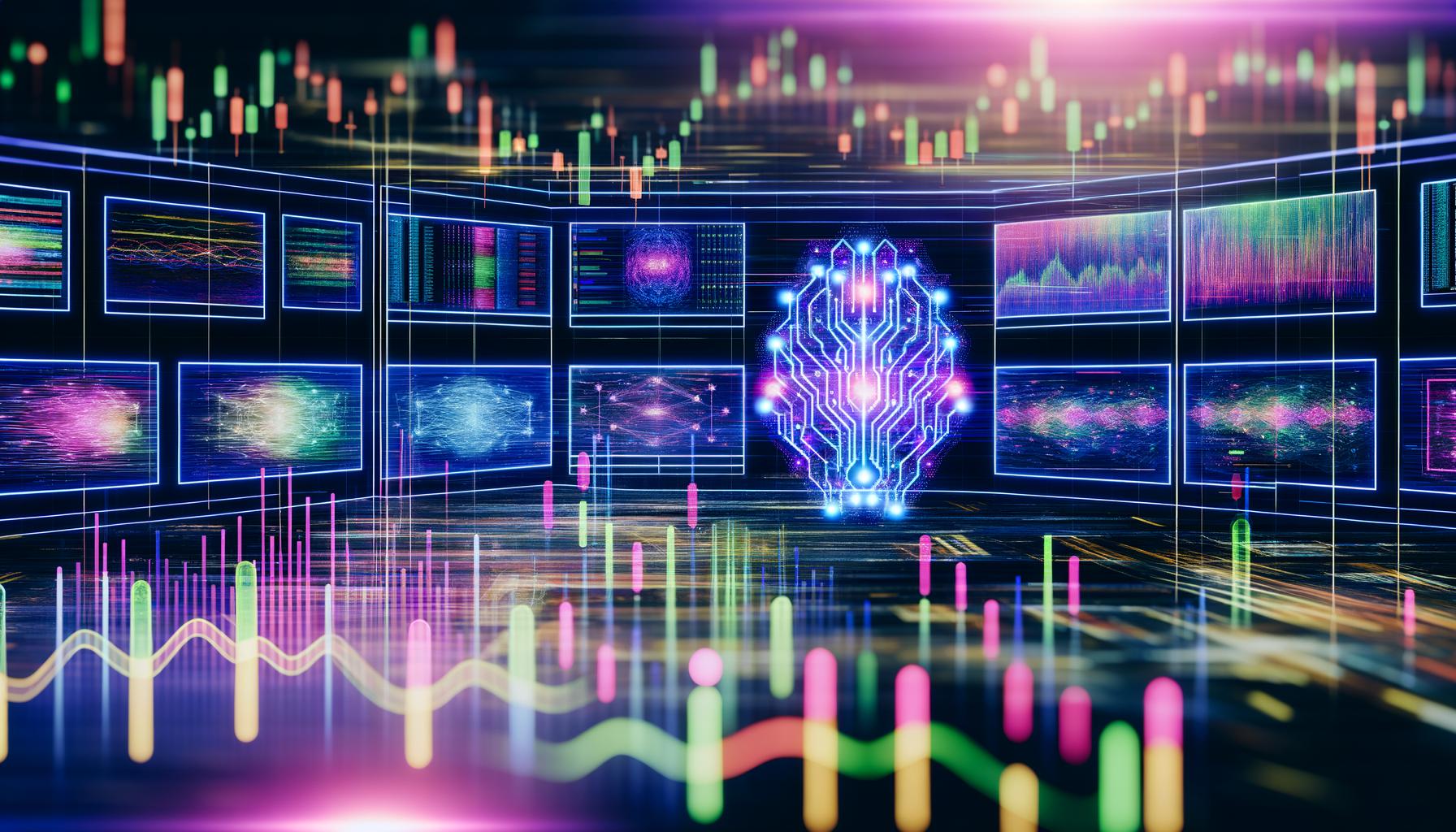 Futuristischer Trading-Desk mit mehreren Monitoren, Charts, holografischen KI-Visualisierungen und leuchtender Gehirn-Grafik.