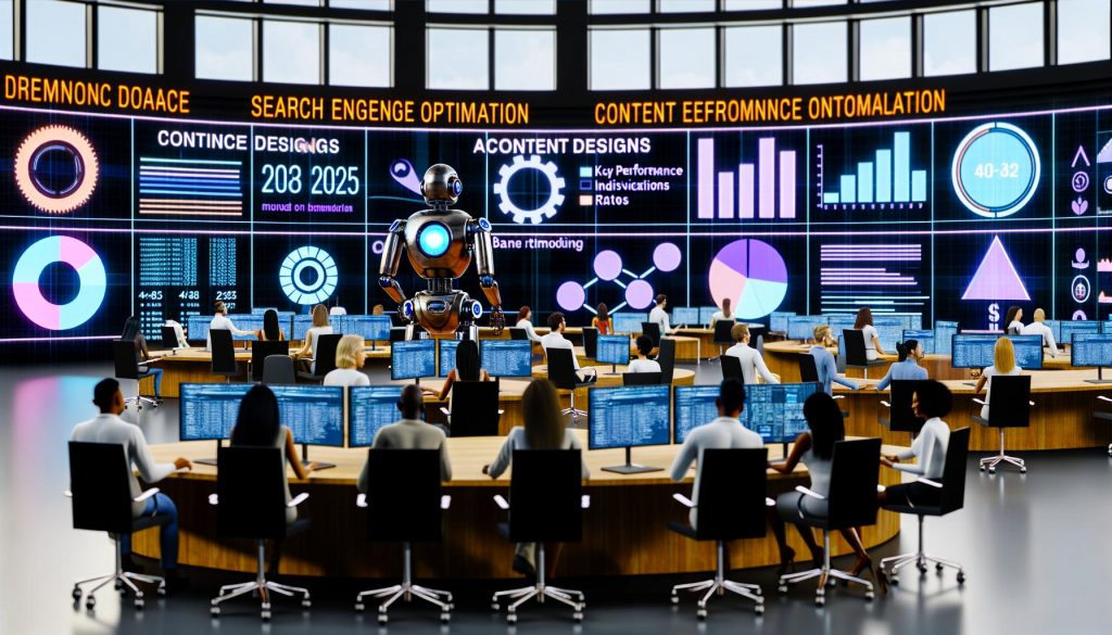 Futuristisches Newsroom-Büro 2025 mit holografischen Displays, Datenanalyse, KPIs und einer diversen, technologiegetriebenen Redaktion inklusive KI-Robotern.