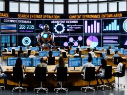 Futuristisches Newsroom-Büro 2025 mit holografischen Displays, Datenanalyse, KPIs und einer diversen, technologiegetriebenen Redaktion inklusive KI-Robotern.