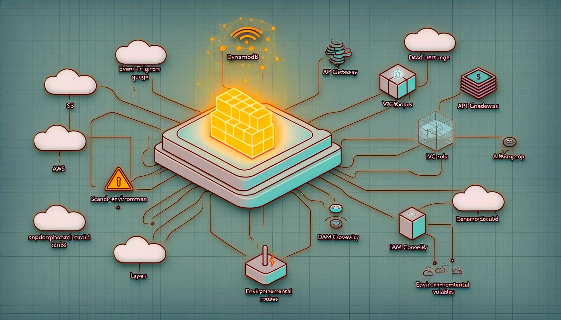Modernes Schaubild der AWS Lambda Architektur mit isolierter Lambda-Funktion, Event-Triggers, Layern, Umgebungsvariablen, VPC-Anbindung, Dead Letter Queue und IAM-Rollen.