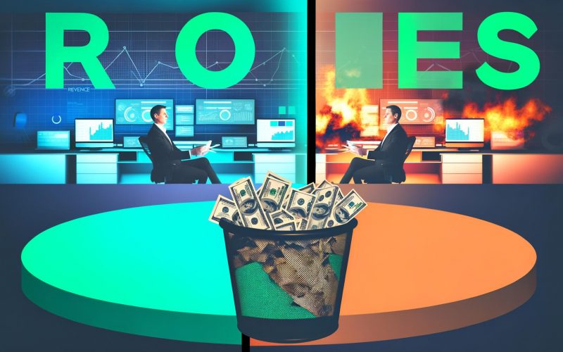 Geteiltes Bild: Auf der einen Seite sitzt ein Marketer vor Monitoren mit Analysedaten, auf der anderen Seite brennen Geldscheine im Mülleimer. Worte wie ROAS, Effizienz und Umsatz schweben über beiden Szenen, mit modernen Farben inszeniert.
