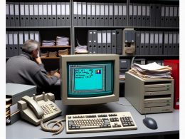 Deutsches 90er-Jahre-Büro mit Röhrenmonitor, Aktenbergen, Faxgerät, Nadeldrucker und Windows 3.1-Fachanwendung auf dem Bildschirm.