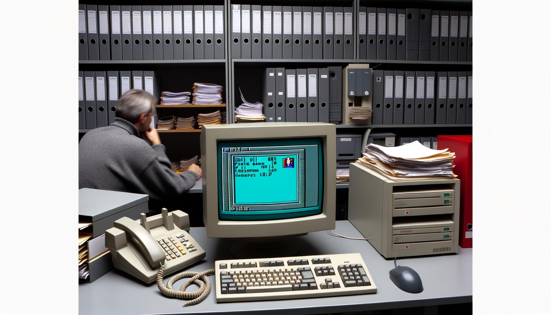 Deutsches 90er-Jahre-Büro mit Röhrenmonitor, Aktenbergen, Faxgerät, Nadeldrucker und Windows 3.1-Fachanwendung auf dem Bildschirm.