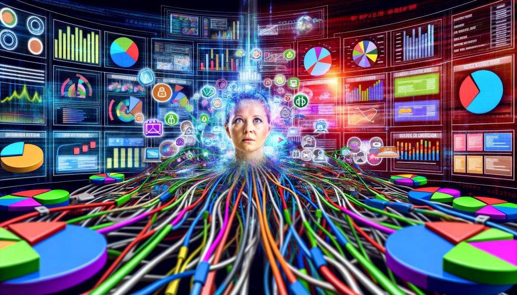 Marketer sitzt im überfüllten digitalen Kontrollraum mit bunten Marketing-Dashboards und komplexen Attributionsdaten rund um ihn herum