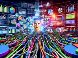 Marketer sitzt im überfüllten digitalen Kontrollraum mit bunten Marketing-Dashboards und komplexen Attributionsdaten rund um ihn herum