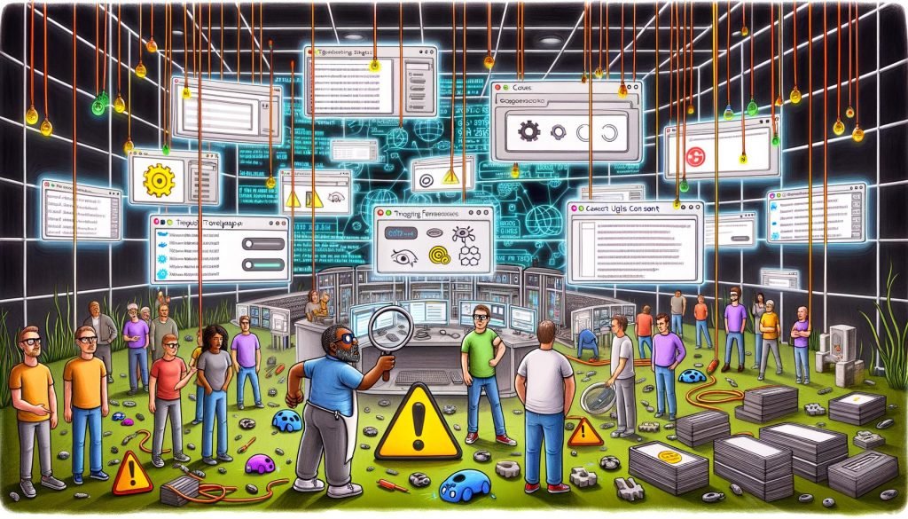 Entwicklerteam in chaotischem Technikraum mit Browserfenstern, Tracking-Elementen, Consent-Popups und Debugger auf der Suche nach verlorener Browser-ID zwischen Server-Racks