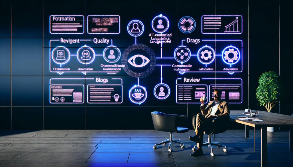 Moderner Arbeitsplatz mit Automatisierungs-Flowchart, KI-Textentwürfen, Analyse-Dashboards und beliebten Marketingtools, beobachtet von einem entspannten Marketer mit Espresso. Handgeschriebene Notizen zu Qualität und Prüfung heben menschliche Aufsicht hervor.