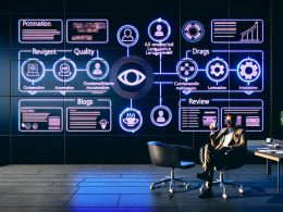 Moderner Arbeitsplatz mit Automatisierungs-Flowchart, KI-Textentwürfen, Analyse-Dashboards und beliebten Marketingtools, beobachtet von einem entspannten Marketer mit Espresso. Handgeschriebene Notizen zu Qualität und Prüfung heben menschliche Aufsicht hervor.