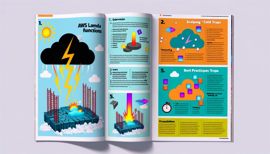 Modernes Magazin-Cover mit AWS Lambda als Abrissbirne gegen Server-Racks, bunte Diagramme von Lambda Functions in der Cloud, Cold-Start- und Warm-Start-Visualisierung, Infografiken zu Best Practices, dynamische Kosten- und Skalierungswarnung, Step-by-Step-Storyboard, Dashboard mit Monitoring und Security, Zukunftsbild mit Entwicklern auf einer Cloud.