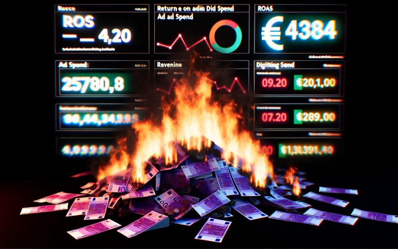 Titelbild mit verbrennenden Geldscheinen, einem digitalen Werbeanzeigen-Dashboard und leuchtenden Online-Marketing-Kennzahlen ROAS, Ad Spend, Umsatz.