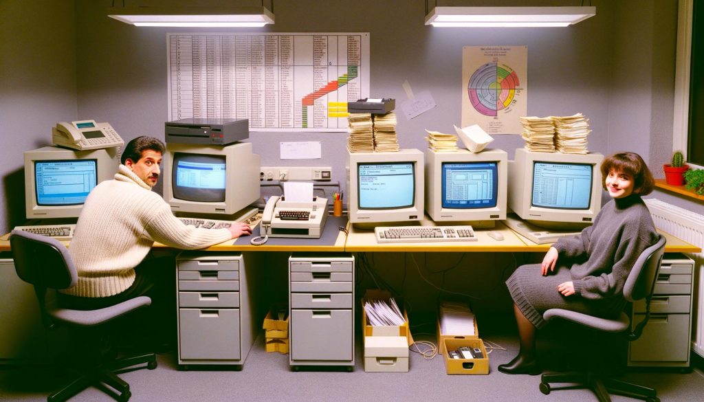 Beamte in Rollkragenpullovern sitzen 1995 an grauen Röhrenmonitoren mit Windows 3.1 in einem überfüllten deutschen Amtszimmer, umgeben von Papierstapeln, Disketten und blinkendem Faxgerät.