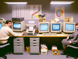 Beamte in Rollkragenpullovern sitzen 1995 an grauen Röhrenmonitoren mit Windows 3.1 in einem überfüllten deutschen Amtszimmer, umgeben von Papierstapeln, Disketten und blinkendem Faxgerät.