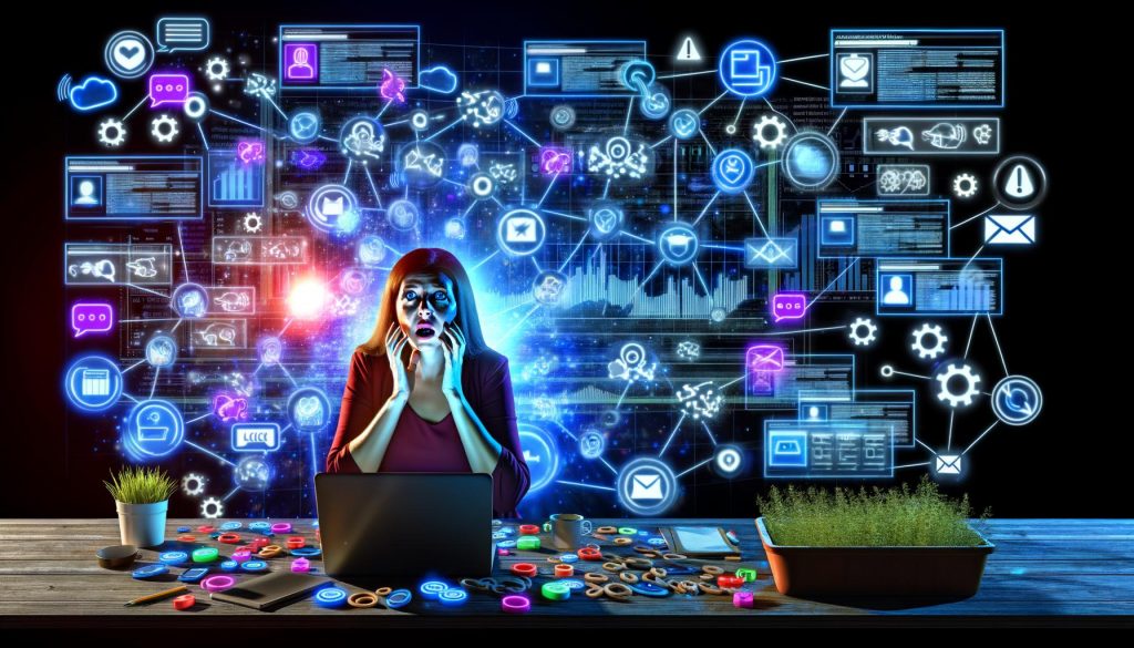 Illustration eines überforderten Marketingfachmanns mit Datenströmen, Kampagnensymbolen und Analyse-Dashboards am Arbeitsplatz in dramatischer Neonbeleuchtung