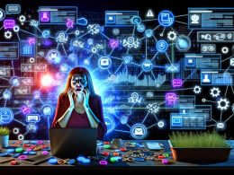 Illustration eines überforderten Marketingfachmanns mit Datenströmen, Kampagnensymbolen und Analyse-Dashboards am Arbeitsplatz in dramatischer Neonbeleuchtung