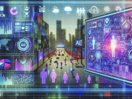 Futuristische Cityscape mit transparentem KI-Dashboard, digitalen Anzeigen und dynamischen Datenvisualisierungen in leuchtenden Neonfarben